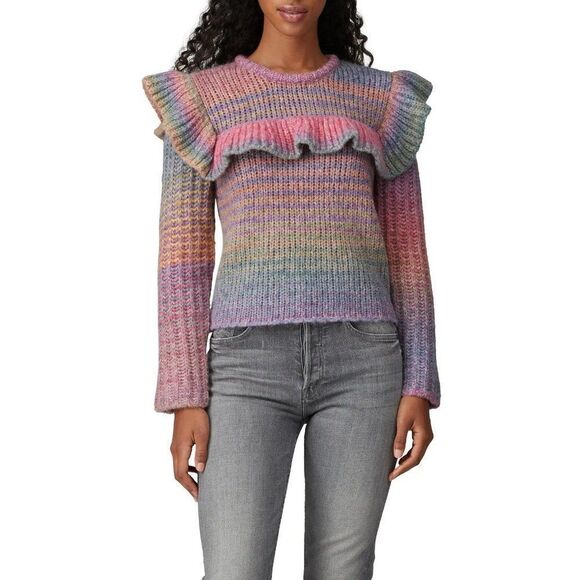 LoveShackFancy Yumi Ruffle Pullover Ombre Pastel Rainbow Alpaca Sweater Size L